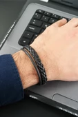 Erkek Hakiki Örme Deri Kombin 2'li Bileklik  Manyetik Klipsli - 1