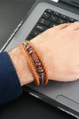 Erkek Hakiki Örme Deri  Kombin 3'lü Bileklik  Manyetik Klipsli - 1