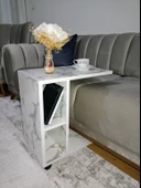 Tekerlekli Yan Sehpa Tekerlekli C Sehpa Beyaz Mermer Desen - 3