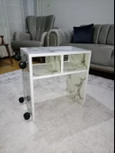 Tekerlekli Yan Sehpa Tekerlekli C Sehpa Beyaz Mermer Desen - 5