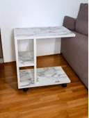 Tekerlekli Yan Sehpa Tekerlekli C Sehpa Beyaz Mermer Desen - 2
