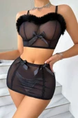 YNT Siyah Peluş Detaylı Likralı Transparan Gecelik 18507 - 1