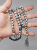108'lik Gri Jasper Taşı Tibet Stili El Yapımı Mala Kolye (51388) - 2