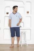 Erkek V Yaka Düğmesiz %100 Pamuk Kısa Kol Cepli Uzun Şortlu Pijama Takımı - 2