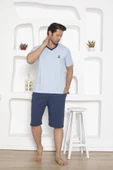 Erkek V Yaka Düğmesiz %100 Pamuk Kısa Kol Cepli Uzun Şortlu Pijama Takımı - 3