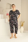 Kadın Düğmesiz Viskon Geniş Battal Büyük Beden Kapri/Bermuda Pijama Takımı - 8