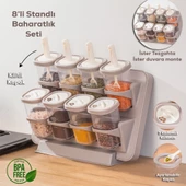 Porsima 1116 Standlı Kaydırmalı Kaşıklı 360° Döner Kapaklı Etiketli Baharatlık Seti - Erzak Saklama Kabı Cappuccino - 5