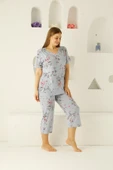 Kadın Düğmesiz Viskon Geniş Battal Büyük Beden Kapri/Bermuda Pijama Takımı - 11