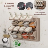 Porsima 1116 Standlı Kaydırmalı Kaşıklı 360° Döner Kapaklı Etiketli Baharatlık Seti - Erzak Saklama Kabı Cappuccino - 2