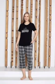 Kadın Düğmesiz Bisiklet Yaka Viskon Kısa Kol Cepli Kapri/Bermuda Pijama Takımı - 6
