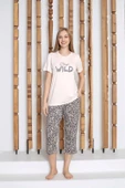Kadın Düğmesiz Bisiklet Yaka Viskon Kısa Kol Cepli Kapri/Bermuda Pijama Takımı - 4