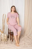 Kadın Yuvarlak Yaka Düğmesiz Viskon Geniş Battal Büyük Beden Cepli Kapri Pijama Takımı - 5