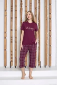 Kadın Düğmesiz Bisiklet Yaka Viskon Kısa Kol Cepli Kapri/Bermuda Pijama Takımı - 1