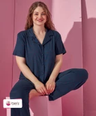 Kadın Düşük Kol Oversize Üst Önden Düğmeli Kısa Kol Viskon Gömlek Yaka Pijama Takımı - 4