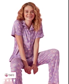Kadın Düşük Kol Oversize Üst Önden Düğmeli Kısa Kol Viskon Gömlek Yaka Pijama Takımı - 5