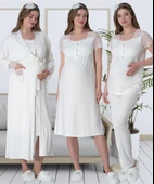 Mecit 6065 Bayan Hamile Lohusa Ekru Sabahlıklı Gecelik Pijama Set - 5