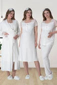 Mecit 6065 Bayan Hamile Lohusa Ekru Sabahlıklı Gecelik Pijama Set thumbnail 6