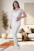 Mecit 6065 Bayan Hamile Lohusa Ekru Sabahlıklı Gecelik Pijama Set - 4