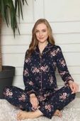 Kadın Lacivert Pembe Çiçekli Önden Düğmeli Gömlek Yaka Uzun Kol Mevsimlik Pamuk Pijama Takımı - 1