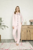 Kadın Pembe Beyaz Çizgili Önden Düğmeli Gömlek Yaka Uzun Kol Mevsimlik Pamuk Likra Pijama Takımı - 4