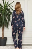 Kadın Lacivert Pembe Çiçekli Önden Düğmeli Gömlek Yaka Uzun Kol Mevsimlik Pamuk Pijama Takımı - 4