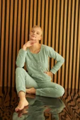 Kadın Bisiklet Yaka Kanguru Cep Bilek Manşetli Fitilli Polar Kışlık Pijama Takımı - 1
