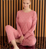 Kadın Desenli Bisiklet Yaka Göğüs Cepli Bambu Uzun Kol Viskon Mevsimlik Pijama Takımı - 8
