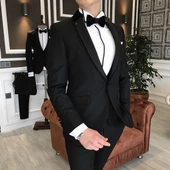 ERKEK DAR KESİM SLİMFİT YELEKLİ YAKASI ÇIKABİLEN DAMATLIK TAKIM ELBİSE SİYAH - 1