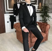 ERKEK DAR KESİM SLİMFİT YELEKLİ YAKASI ÇIKABİLEN DAMATLIK TAKIM ELBİSE SİYAH - 2