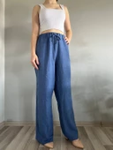 Kadın Mavi Keten Karışımlı Bol Kesim Pantolon - 3