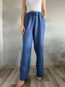 Kadın Mavi Keten Karışımlı Bol Kesim Pantolon - 2