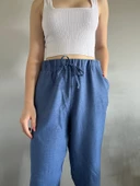 Kadın Mavi Keten Karışımlı Bol Kesim Pantolon - 1