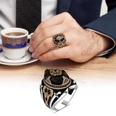 Siyah Taşlı Palmiye Desenli 925 Gümüş Erkek Yüzük thumbnail 12