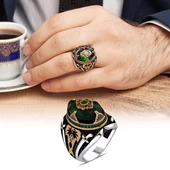 Siyah Taşlı Palmiye Desenli 925 Gümüş Erkek Yüzük thumbnail 4