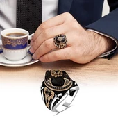 Siyah Taşlı Palmiye Desenli 925 Gümüş Erkek Yüzük thumbnail 9