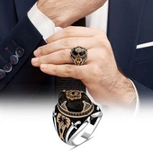 Siyah Taşlı Palmiye Desenli 925 Gümüş Erkek Yüzük thumbnail 10