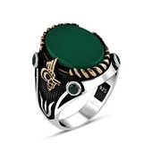 Yeşil Akik Taşlı Tuğra Desenli Gümüş Erkek Yüzük - 12