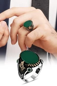 Yeşil Akik Taşlı Tuğra Desenli Gümüş Erkek Yüzük - 1