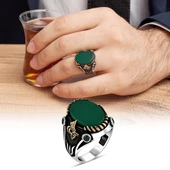 Yeşil Akik Taşlı Tuğra Desenli Gümüş Erkek Yüzük - 4