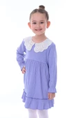 Dantel Yakalı Büzgülü Uzun Kol Lila Kız Çocuk Elbise thumbnail 3