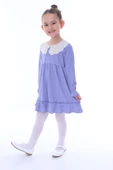 Dantel Yakalı Büzgülü Uzun Kol Lila Kız Çocuk Elbise thumbnail 2
