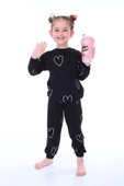 Kalp Desenli Siyah Kız Çocuk Pijama Takımı - 1