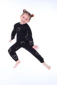 Kalp Desenli Siyah Kız Çocuk Pijama Takımı - 4