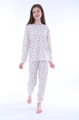 Minimal Çiçek Detaylı Mavi Kız Çocuk Pijama Takımı - 1