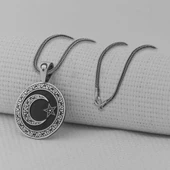 Gravür İşlemeli Siyah 925 Ayar Gümüş Büyük Boy Ay Yıldız Kolye thumbnail 2