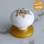 Polimer Düğme Kulp Beyaz Desenli Tablalı Gold Dolap Mobilya Mutfak Dolabı Çekmece Dolap Kulpu Kulbu - 1