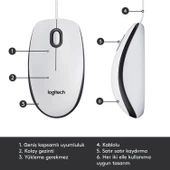 Logitech M100 Kablolu 1.000 DPI USB Mouse - Beyaz - 5