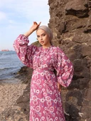 BAĞLAMALI YUVARLAK DESEN SATEN ELBİSE PEMBE - 1