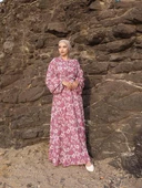 BAĞLAMALI YUVARLAK DESEN SATEN ELBİSE PEMBE - 2