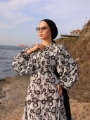 BAĞLAMALI YUVARLAK DESEN SATEN ELBİSE BEYAZ - 5